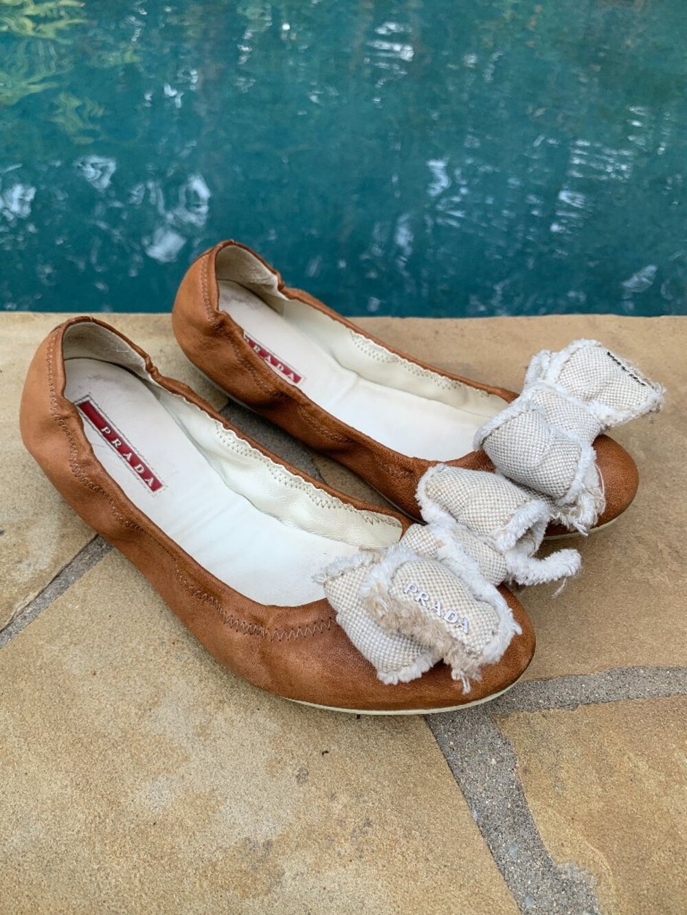 Prada Soft Leather Ballet Flats With Fabric Bows Sz 38.5